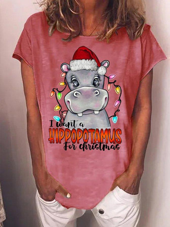 Women's I Was A Hippopotamus For Christmas Funny Graphics Printed -blend Crew Neck T-shirt - Thegiftio UK