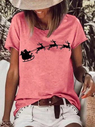 Women's Santa Elk Funny Graphic Print Casual Christmas -blend T-shirt - Thegiftio UK