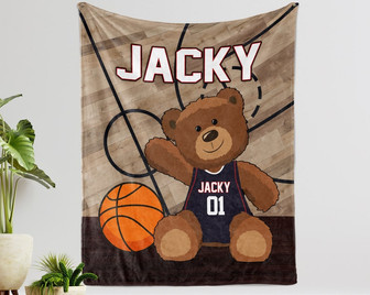 Basketball Blanket, Custom Name Blanket, Teddy Baby Fleece Blanket, Baby Personalized Gift, Basketball Lover, Gift For Family, Bear Blanket - Thegiftio UK