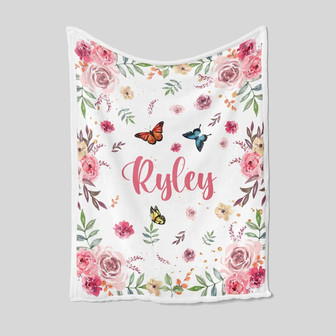 Butterfly And Rose Blanket, Personalized Name Blanket, Custom Baby Blanket, Blanket For Baby Girl, Gift Blanket For Christmas - Thegiftio UK