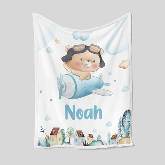Cute Teddy Flying Airplane Blanket, Custom Baby Blanket, Personalized Name Blanket, Teddy Bear Blanket, Family Blanket, Blanket For Baby - Thegiftio