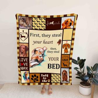 First They Steal Your Heart Then They Steal Your Bed Blanket, Dachshund Blanket, Pet Blanket, Gift Blanket - Thegiftio UK