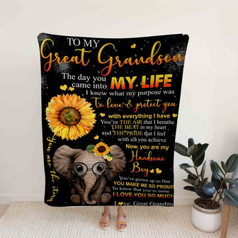 To My Great Grandson Blanket, Blanket For Boy, Elephant And Sunflower Blanket, Family Blanket, Personalized Name Blanket, Christmas Blanket - Thegiftio UK
