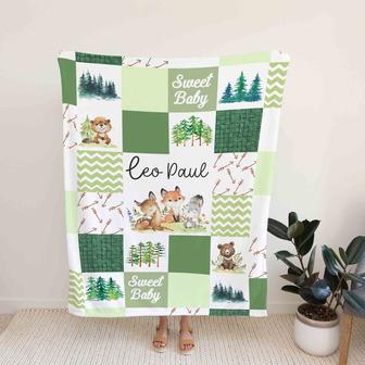 Personalized Name Blanket, Custom Woodland Baby Blanket, Baby Blanket With Name, Nursery Blanket, Gift Christmas For Baby, Bear, Fox, Deer - Thegiftio UK