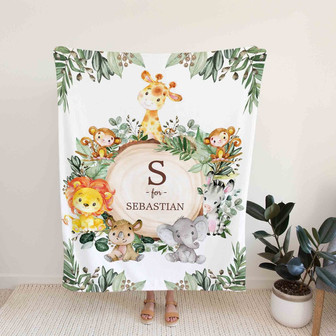 Personalized Woodland Baby Blanket, Custom Safari Baby Blanket, Baby Blanket With Name, Blanket For Baby - Lion, Elephant, Giraffe, Monkey - Thegiftio