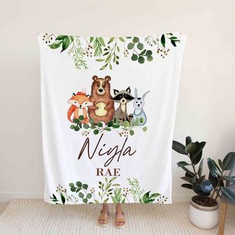 Woodland Animal Baby Blanket, Custom Baby Blanket, Personalized Name Blanket, Baby Blanket With Name, Blanket For Baby, Fox, Bear, Rabbit - Thegiftio UK