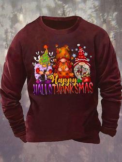 Mens Happy Hallothanksmas Christmas Gnome Funny Graphics Printed Crew Neck Sweatshirt - Seseable