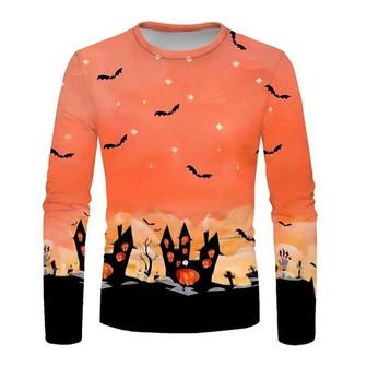 Men's Unisex T Shirt Tee Graphic Prints Bat Castle Crew Neck Orange Long Sleeve 3d Print Outdoor Halloween Print Tops Basic Sports Designer Casual - Seseable