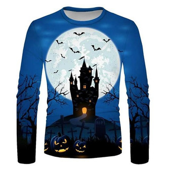 Men's Unisex T Shirt Tee Pumpkin Graphic Prints Castle Crew Neck Blue Long Sleeve 3d Print Outdoor Halloween Print Tops Basic Sports Designer Casual - Thegiftio UK