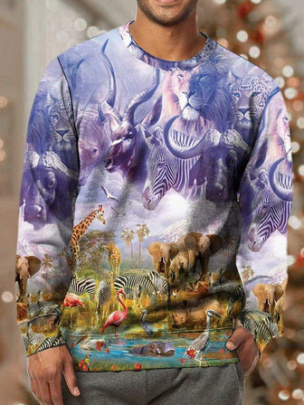 Men Animals And Forests Pattern Crew Neck Casual Animal Sweatshirt - Thegiftio UK