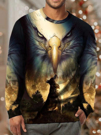 Men Eagle Wolf Animals Pattern Casual Sweatshirt - Thegiftio UK