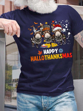 Men Happy Hallothanksmas Donkey Hat Merry Christmas Crew Neck Christmas T-shirt - Thegiftio UK