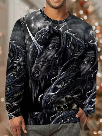 Men Horse Animals Pattern Casual Loose Animal Sweatshirt - Thegiftio UK
