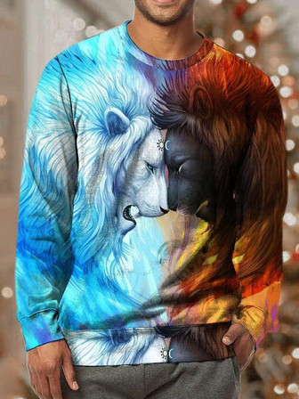 Men Lion Animals Pattern Casual Sweatshirt - Thegiftio UK