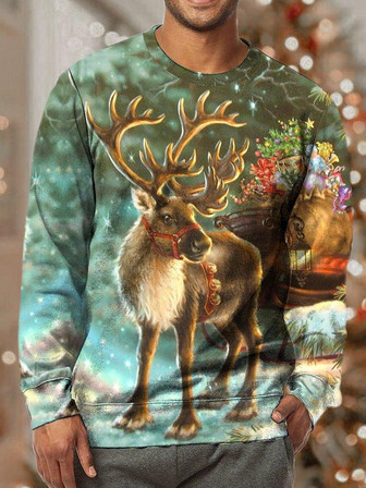Men Merry Christmas Moose Pattern Crew Neck Loose Sweatshirt - Thegiftio UK