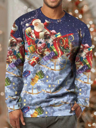 Men Merry Christmas Santa Claus Moose Crew Neck Casual Sweatshirt - Thegiftio UK