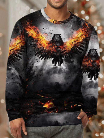 Men Owl Fire Animal Pattern Loose Sweatshirt - Thegiftio UK