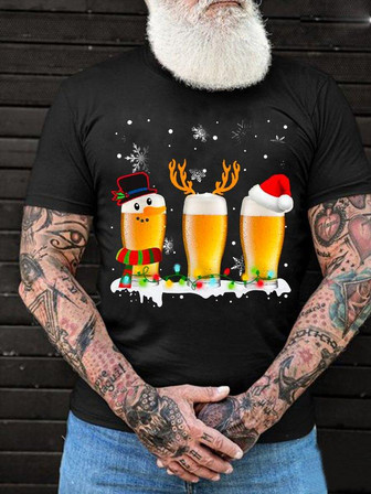 Men's Christmas Three Beer Snowflakes Loose Crew Neck T-shirt - Thegiftio UK