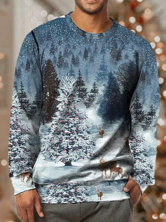 Mens Christmas Tree Forest Full Print Crew Neck Casual Sweatshirt - Thegiftio UK