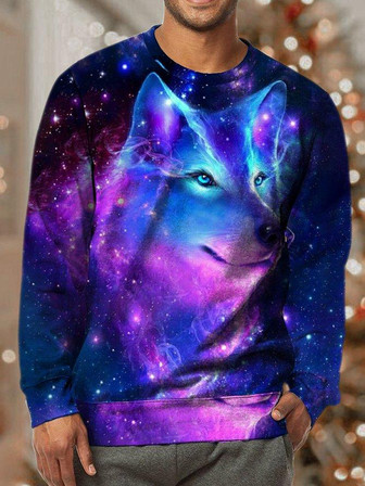 Mens Colorful Wolf Full Print Crew Neck Casual Sweatshirt - Thegiftio UK