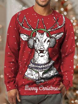 Men's Elk Merry Christmas Funny Graphic Print Crew Neck Loose Christmas Sweatshirt - Seseable