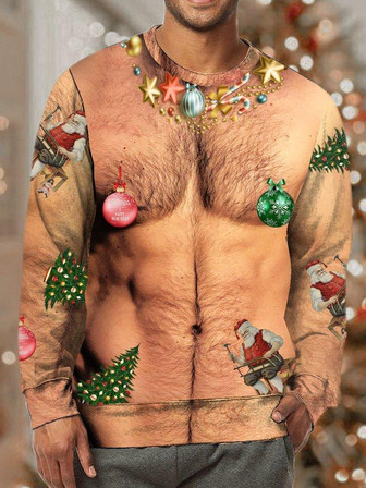 Mens Funny Christmas Ugly Hairy Cute Muscle 3d Print Crew Neck Casual Sweatshirt - Thegiftio UK