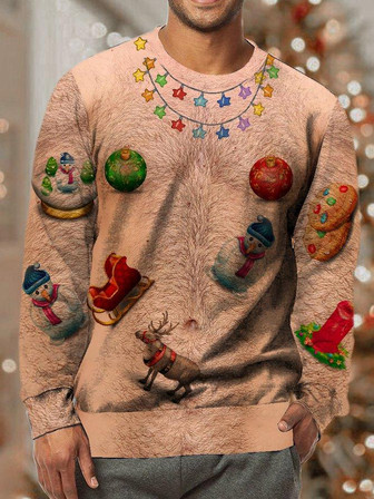 Mens Funny Christmas Ugly Hairy Cute Muscle 3d Print Crew Neck Casual Sweatshirt - Thegiftio UK