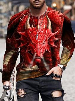 Men's T Shirt Tee 3d Print Dragon Crew Neck Street Casual Print Long Sleeve Tops Sportswear Casual Fashion Comfortable Red / Spring / Summer - Seseable