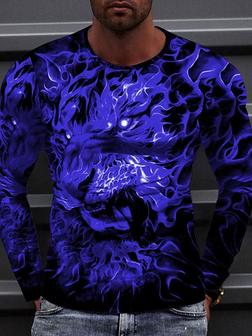 Men's Tee T Shirt Tee 3d Print Graphic Flame Tiger Round Neck Casual Daily 3d Print Long Sleeve Tops Casual Fashion Designer Comfortable Blue Red - Thegiftio UK