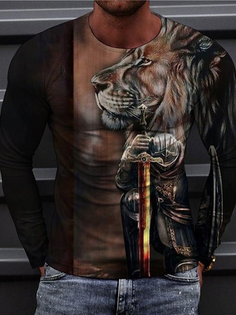 Men's Unisex T Shirt Tee 3d Print Graphic Prints Lion Animal Crew Neck Daily Holiday Print Long Sleeve Tops Casual Designer Big And Tall Coffee - Thegiftio