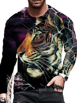 Men's Unisex T Shirt Tee 3d Print Graphic Prints Tiger Crew Neck Daily Holiday Print Long Sleeve Tops Casual Designer Big And Tall Purple - Thegiftio UK