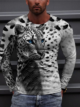 Men's Unisex T Shirt Tee 3d Print Leopard Graphic Prints Animal Crew Neck Daily Holiday Print Long Sleeve Tops Casual Designer Big And Tall Gray - Thegiftio