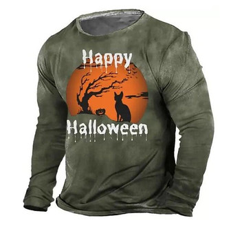 Men's Unisex T Shirt Tee Cat Pumpkin Graphic Prints Crew Neck Green Black Blue Dark Gray Long Sleeve 3d Print Outdoor Halloween Print Tops Basic Sports Designer Casual - Thegiftio UK