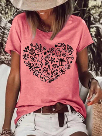 Women's Merry Christmas Gingerbread Man Snowflake Heart Print -blend Crew Neck T-shirt - Thegiftio UK