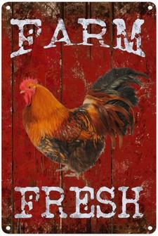 Chic Red Board Farm Fresh Rooster Metal Tin Sign Wall Plaque Cottage Chic Barn House Decor Vintage Metal Sign Poster Gift To Farmer Animal Metal Tin Sign For Door Outdoor Barn - Thegiftio UK