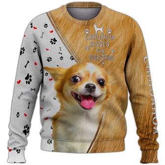 Chihuahua Kisses Fix Everything Sweater, Chihuahua Sweater, Dog Sweater For Humans Christmas Sweater 3D Print Crewneck Men Women Sweater, Men Women 3D Print Sweater - Thegiftio UK