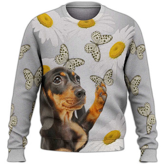 Dachshund Butterfly White Chrysanthemum Sweater, Dachshund Sweater, Dog Sweater For Humans Christmas Sweater 3D Print Crewneck Men Women Sweater, Men Women 3D Print Sweater - Thegiftio UK