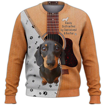 Dachshund And Guitar Sweater, Dachshund Sweater, Dog Sweater For Humans Christmas Sweater 3D Print Crewneck Men Women Sweater, Men Women 3D Print Sweater - Thegiftio UK