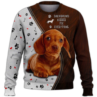Dachshund Kisses Fix Everything Brown Sweater, Dachshund Sweater, Dog Sweater For Humans Christmas Sweater 3D Print Crewneck Men Women Sweater, Men Women 3D Print Sweater - Thegiftio UK