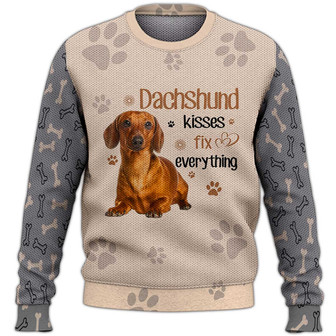 Dachshund Kisses Fix Everything Sweater, Dachshund Sweater, Dog Sweater For Humans Christmas Sweater 3D Print Crewneck Men Women Sweater, Men Women 3D Print Sweater - Thegiftio UK
