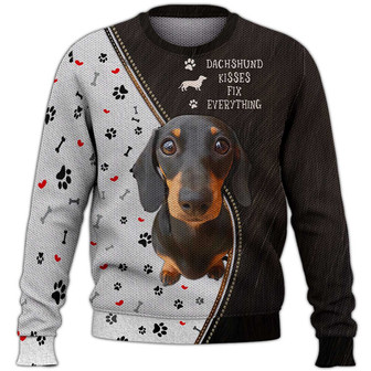 Dachshund Kisses Fix Everything Sweater, Dachshund Sweater, Dog Sweater For Humans Christmas Sweater 3D Print Crewneck Men Women Sweater, Men Women 3D Print Sweater - Thegiftio UK