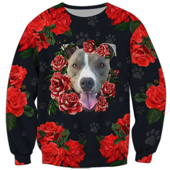 Pitbull With Rose Sweatshirt, Dog Sweatshirt For Humans Christmas Sweater 3D Print Crewneck Men Women Sweater - Thegiftio UK