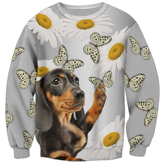 Dachshund Butterfly White Chrysanthemum Sweatshirt, Dachshund Sweatshirt, Dog Sweatshirt For Humans Christmas Sweater 3D Print Crewneck Men Women Sweater - Thegiftio UK