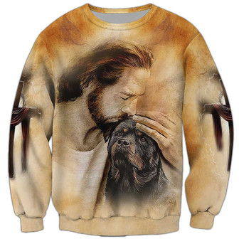 Jesus And Rottweiler Sweatshirt, Dog Sweatshirt For Humans Christmas Sweater 3D Print Crewneck Men Women Sweater - Thegiftio UK