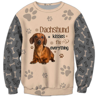 Dachshund Kisses Fix Everything Sweatshirt, Dachshund Sweatshirt, Dog Sweatshirt For Humans Christmas Sweater 3D Print Crewneck Men Women Sweater - Thegiftio UK