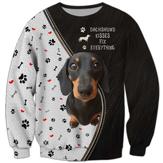 Dachshund Kisses Fix Everything Sweatshirt, Dachshund Sweatshirt, Dog Sweatshirt For Humans Christmas Sweater 3D Print Crewneck Men Women Sweater - Thegiftio UK