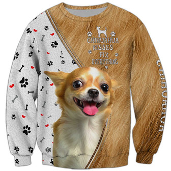 Chihuahua Kisses Fix Everything Sweatshirt, Chihuahua Sweatshirt, Dog Sweatshirt For Humans Christmas Sweater 3D Print Crewneck Men Women Sweater - Thegiftio UK