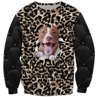Cute Pitbull Leopard Sweatshirt, Pitbull Sweatshirt, Dog Sweatshirt For Humans Christmas Sweater 3D Print Crewneck Men Women Sweater - Thegiftio UK
