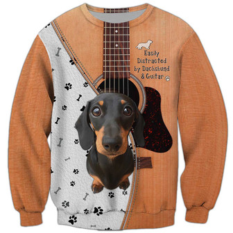 Dachshund And Guitar Sweatshirt, Dachshund Sweatshirt, Dog Sweatshirt For Humans Christmas Sweater 3D Print Crewneck Men Women Sweater - Thegiftio UK