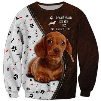 Dachshund Kisses Fix Everything Brown Sweatshirt, Dachshund Sweatshirt, Dog Sweatshirt For Humans Christmas Sweater 3D Print Crewneck Men Women Sweater - Thegiftio UK